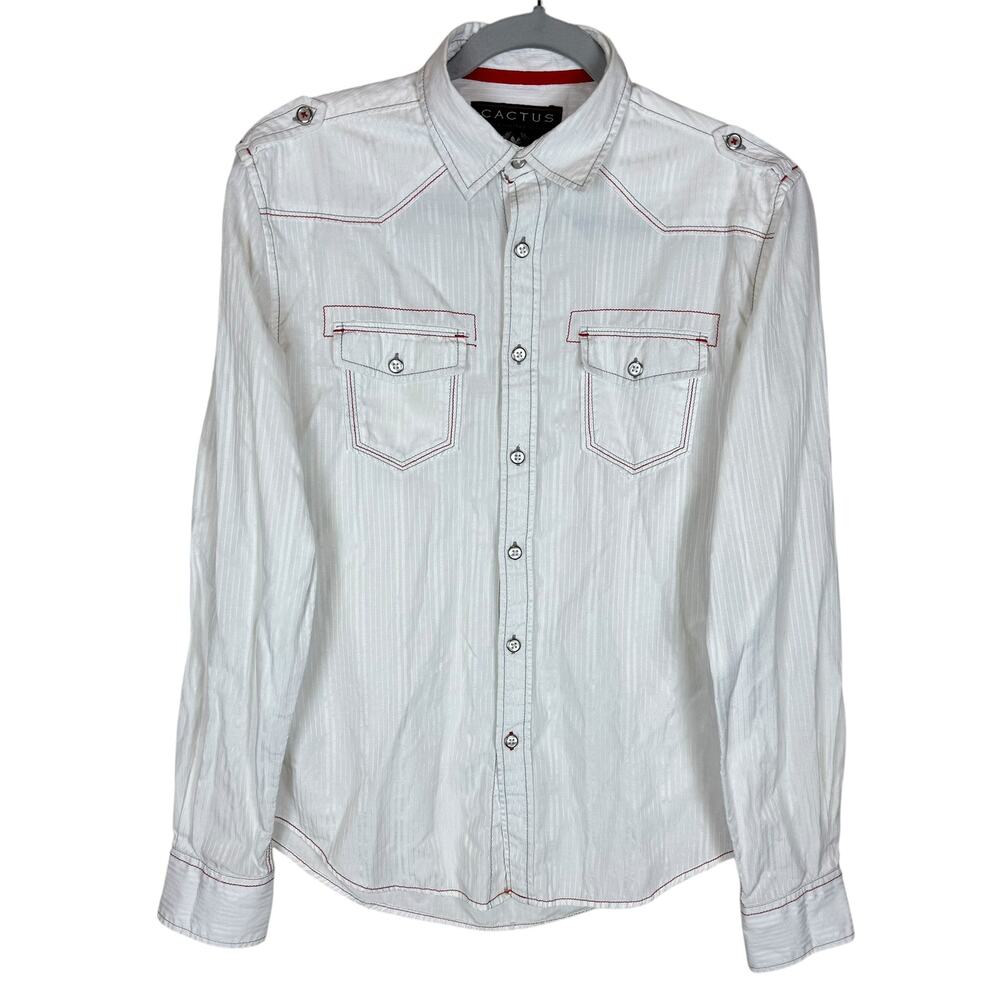 Cactus‎ Western Shirt Men's Medium White Striped Cotton Long Sleeve Button-Up